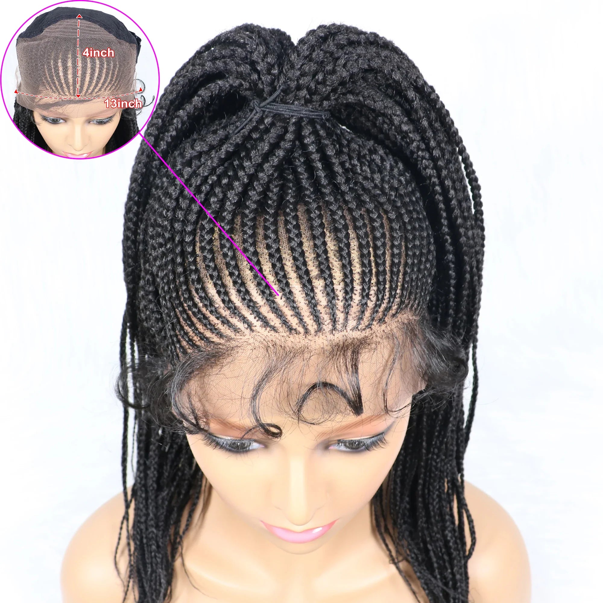Perruque tressée Kima Cornrow & Bantu Knot | Tresses collées | Entièrement lacée | Cheveux synthétiques résistants à la chaleur