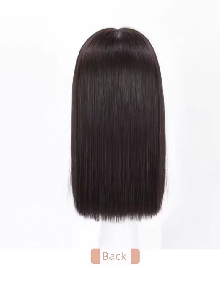 Perruque droite élégante mi-longue pour femmes | Perruque réaliste naturelle tête complète avec frange droite de dessin animé (réductrice d'âge, usage quotidien, dessus complet)