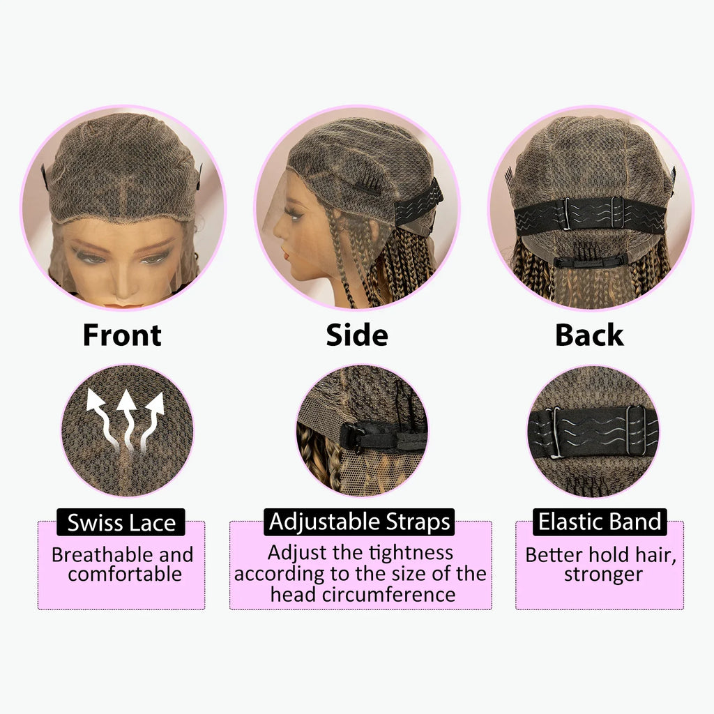 Perruque tressée boîte bohème avec cheveux bouclés | Accents dreadlocks style déesse | Perruque tressée marron en dentelle intégrale | Perruque tressée boîte bohème