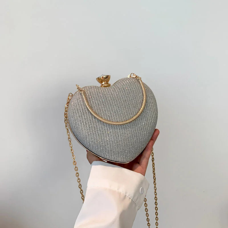 Shiny Heart Shape Metal Evening Clutch Bag for Women | Fashion Chain Shoulder Crossbody Bag (Luxury Lady Purse)