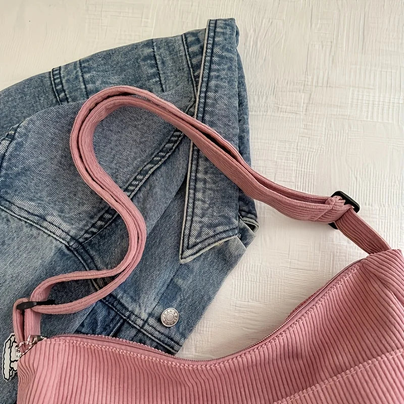 Sac à bandoulière en velours côtelé pour femme | Grand cabas décontracté rayé avec fermeture éclair (écusson chapeau mignon, usage quotidien)