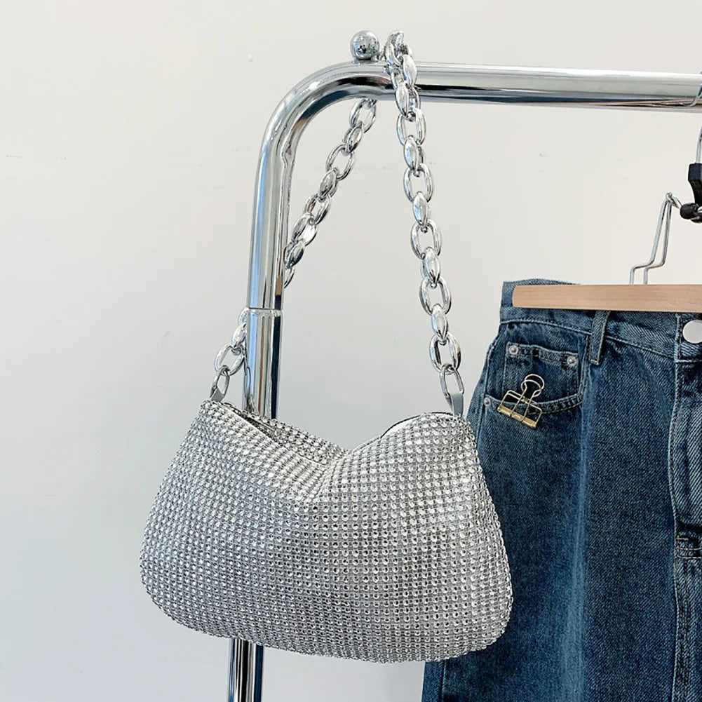 Pochette de Soirée Bling Strass | Sac à Main Coréen de Designer avec Chaîne en Diamants pour Dîner et Fêtes (Sac Carré Fourre-Tout Femme à Bandoulière)