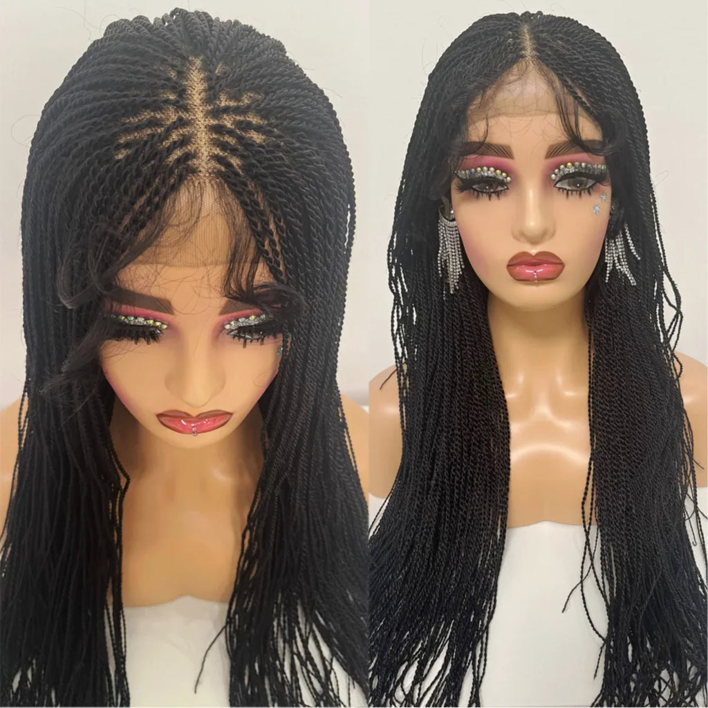 Perruque de tresses micro-torsadées de 28" | Style de tresses sénégalaises | Perruque Lace Front Transparente | Cheveux Kanekalon