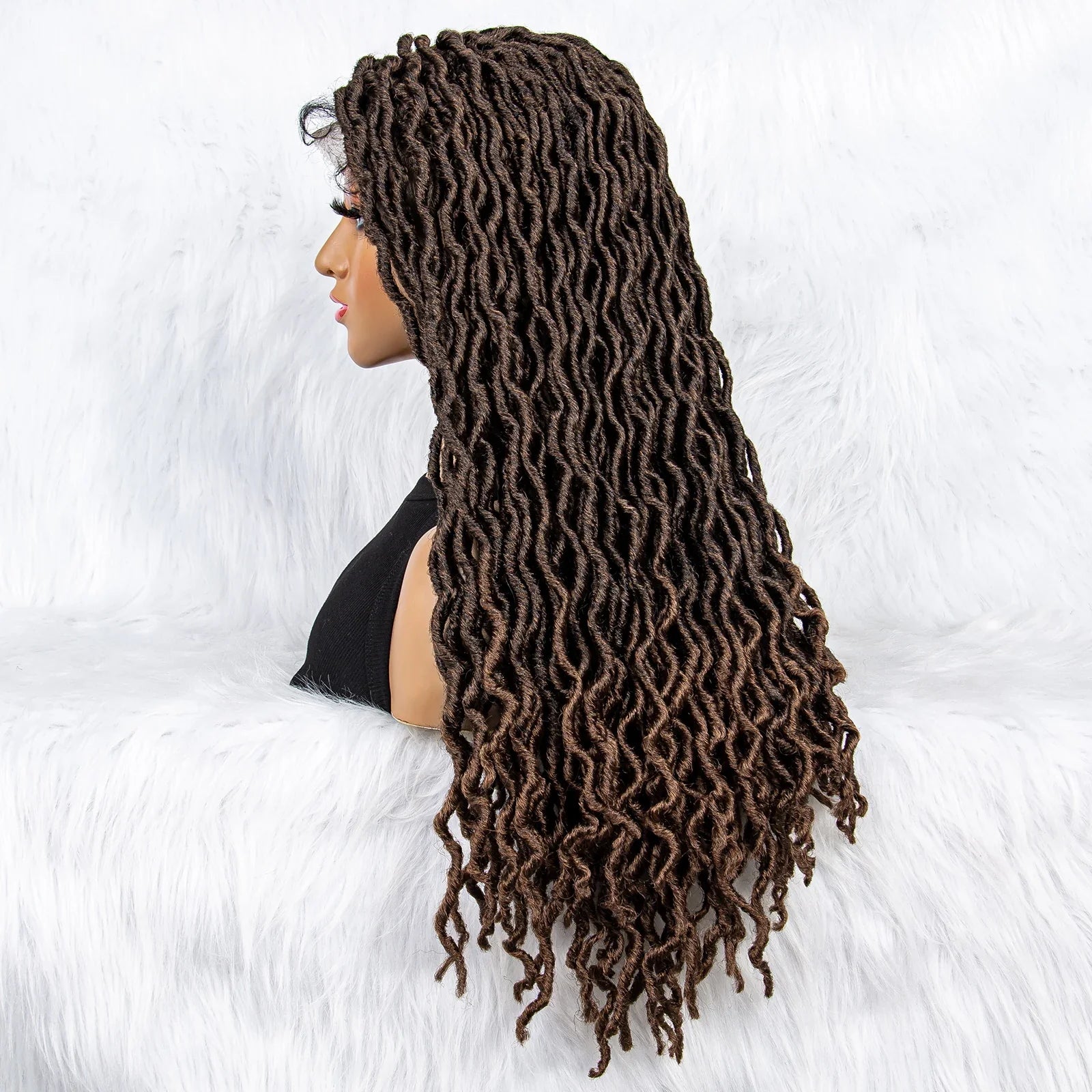 Perruque tressée sans nœuds avec pointes bouclées et cheveux de bébé | Perruque synthétique Lace Front pour femmes noires
