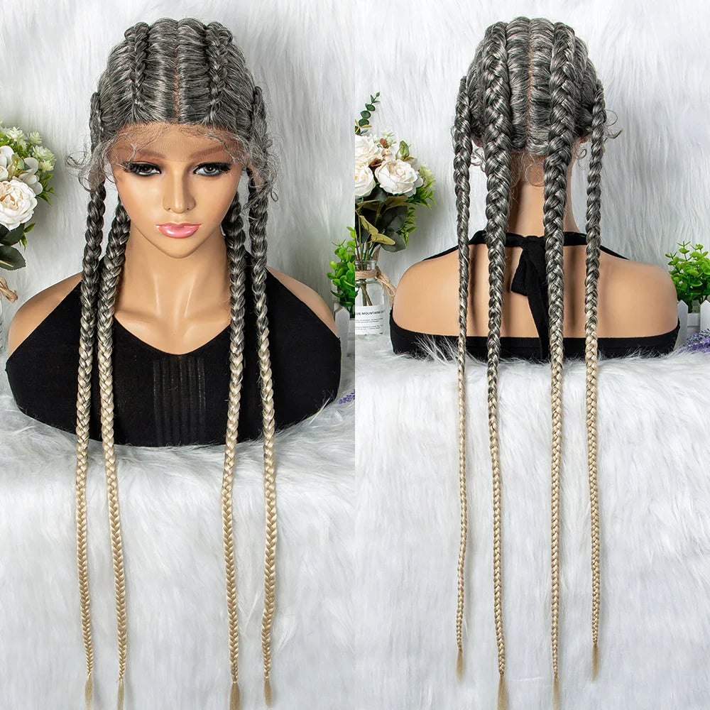 Perruque tressée de 36" 27/613 blonde cornrow | Tresses africaines frontales en dentelle | Perruque synthétique avec cheveux de bébé pour femmes noires