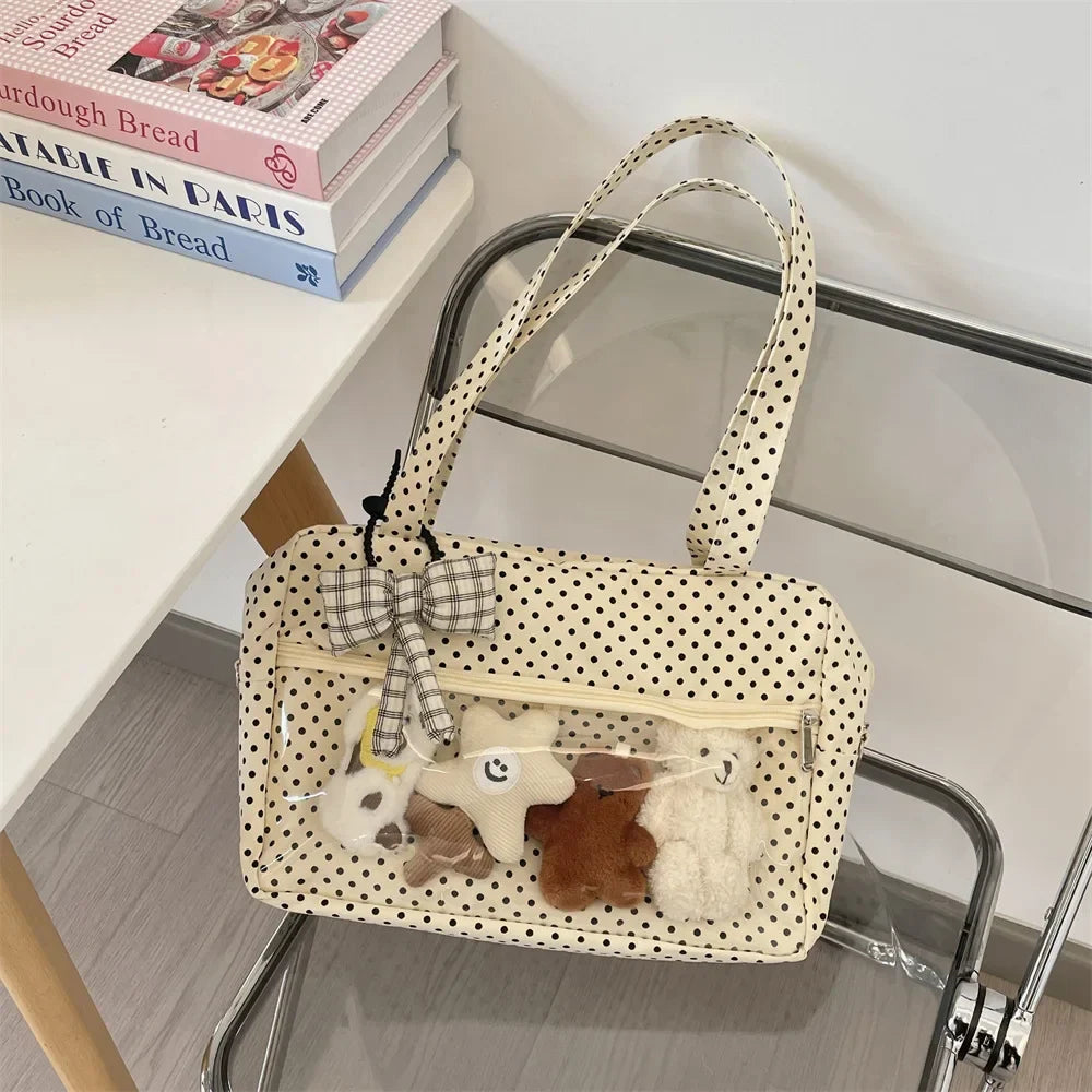 Sac Ita Y2K Ulzzang pour femmes | Sac à bandoulière et fourre-tout sous le bras en toile à pois tendance (Poche transparente, Mode jeune)