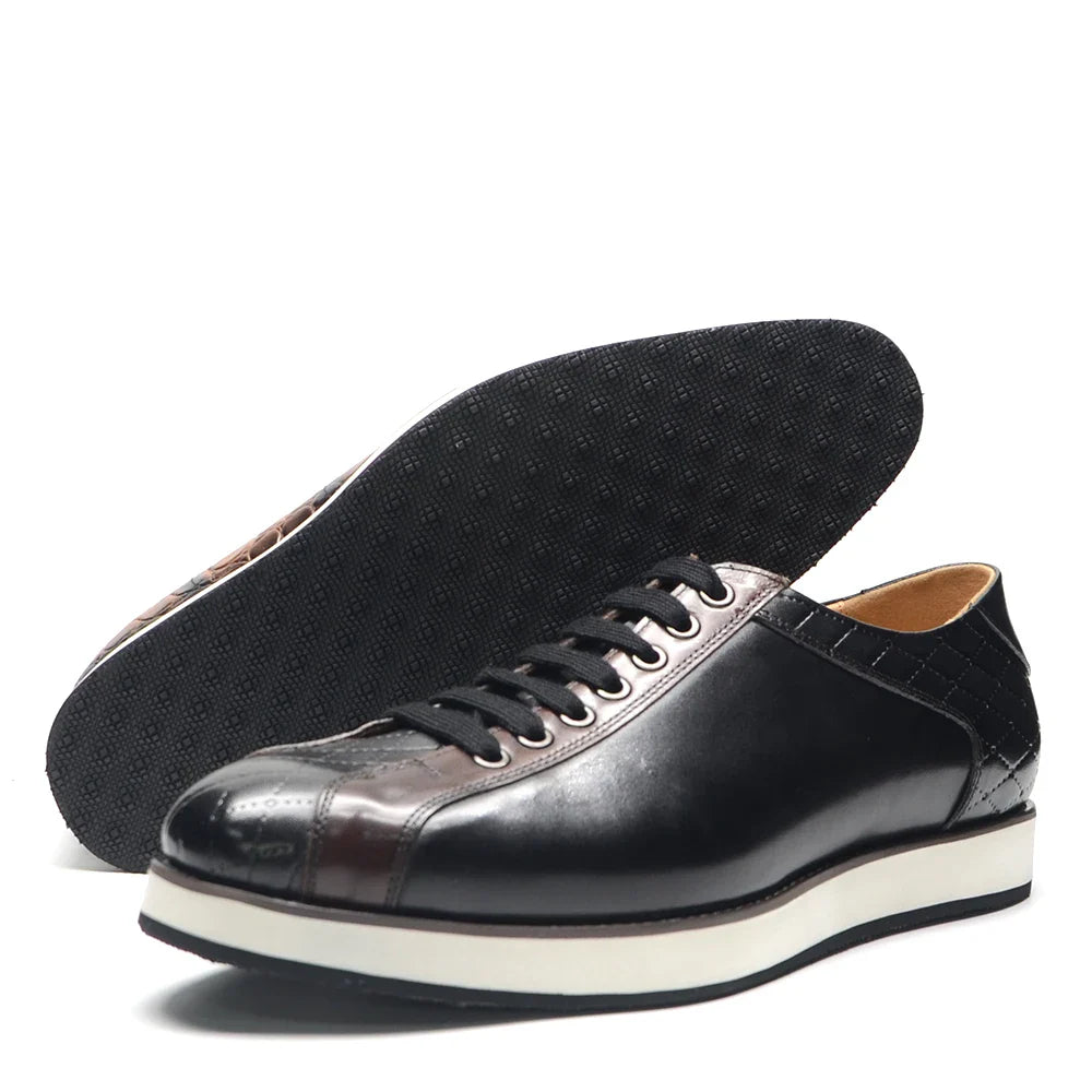Europe 2024 Automne Hommes Luxe Cuir Véritable Plaid Chaussures Décontractées | Baskets Business Noir & Marron Foncé (Augmentation de la Hauteur)
