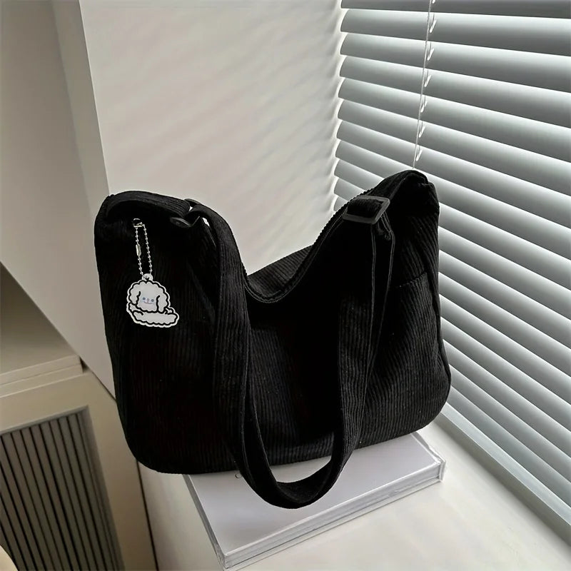 Sac à bandoulière en velours côtelé pour femme | Grand cabas décontracté rayé avec fermeture éclair (écusson chapeau mignon, usage quotidien)