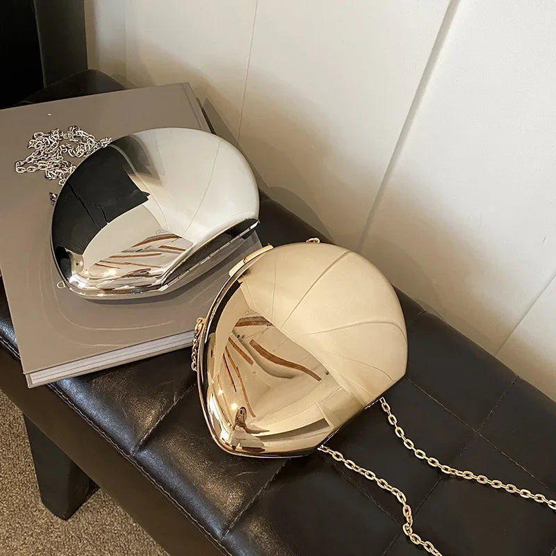 Designer Acrylic Shell Shape Clutch Bag | Gold Silver Women's Evening Party Bag & Cute Shiny Metal Shoulder Crossbody Bags (Small Purse)