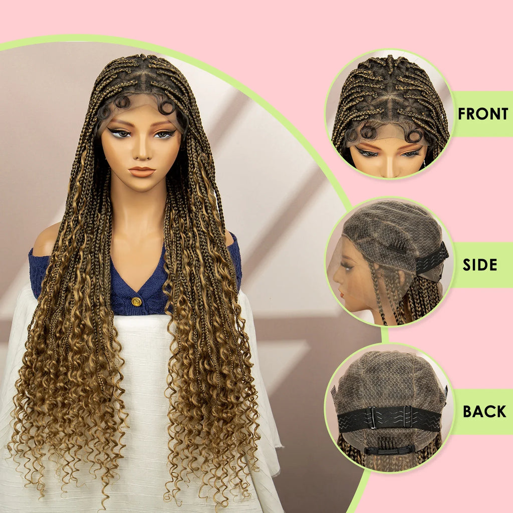 Perruque tressée boîte bohème avec cheveux bouclés | Accents dreadlocks style déesse | Perruque tressée marron en dentelle intégrale | Perruque tressée boîte bohème