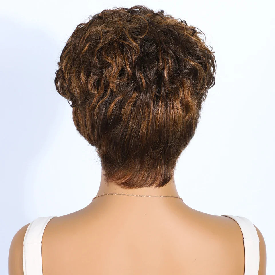 Perruque coupe courte Rebecca P1B/30 | Cheveux humains brésiliens bouclés avec raie sur le côté