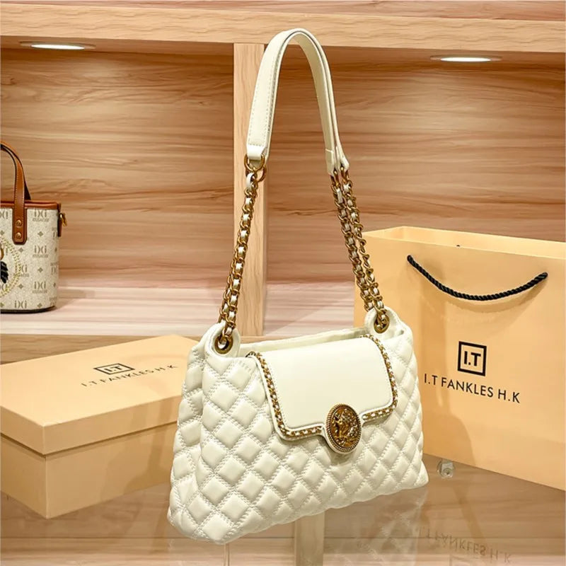 Sac à bandoulière en cuir véritable de luxe pour femmes | Nouveau sac à main sous les aisselles grande capacité de créateur (treillis diamant)