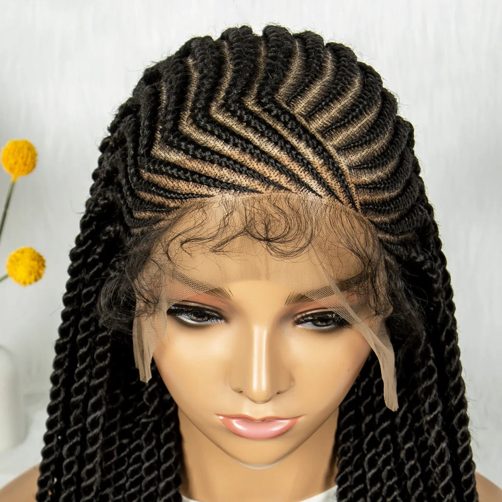 Perruque tressée de 32 pouces avec tresses collées | Tresses individuelles en dentelle complète | Perruque Lace Front transparente pour femmes noires