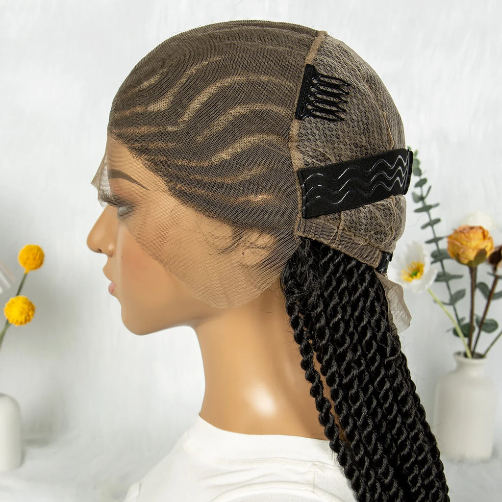 Perruque tressée de 32 pouces avec tresses collées | Tresses individuelles en dentelle complète | Perruque Lace Front transparente pour femmes noires