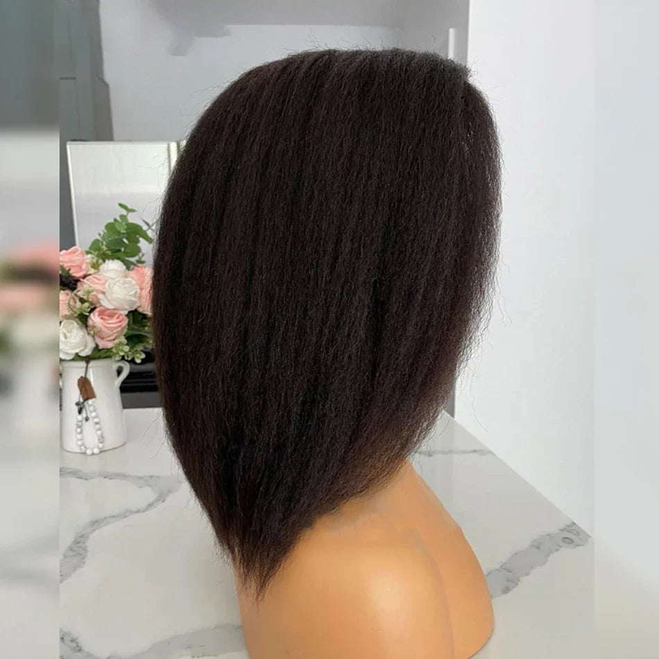 Perruque bob droite crépue sans colle 13x4 | Prête à porter | Cheveux brésiliens Remy | Dentelle transparente HD