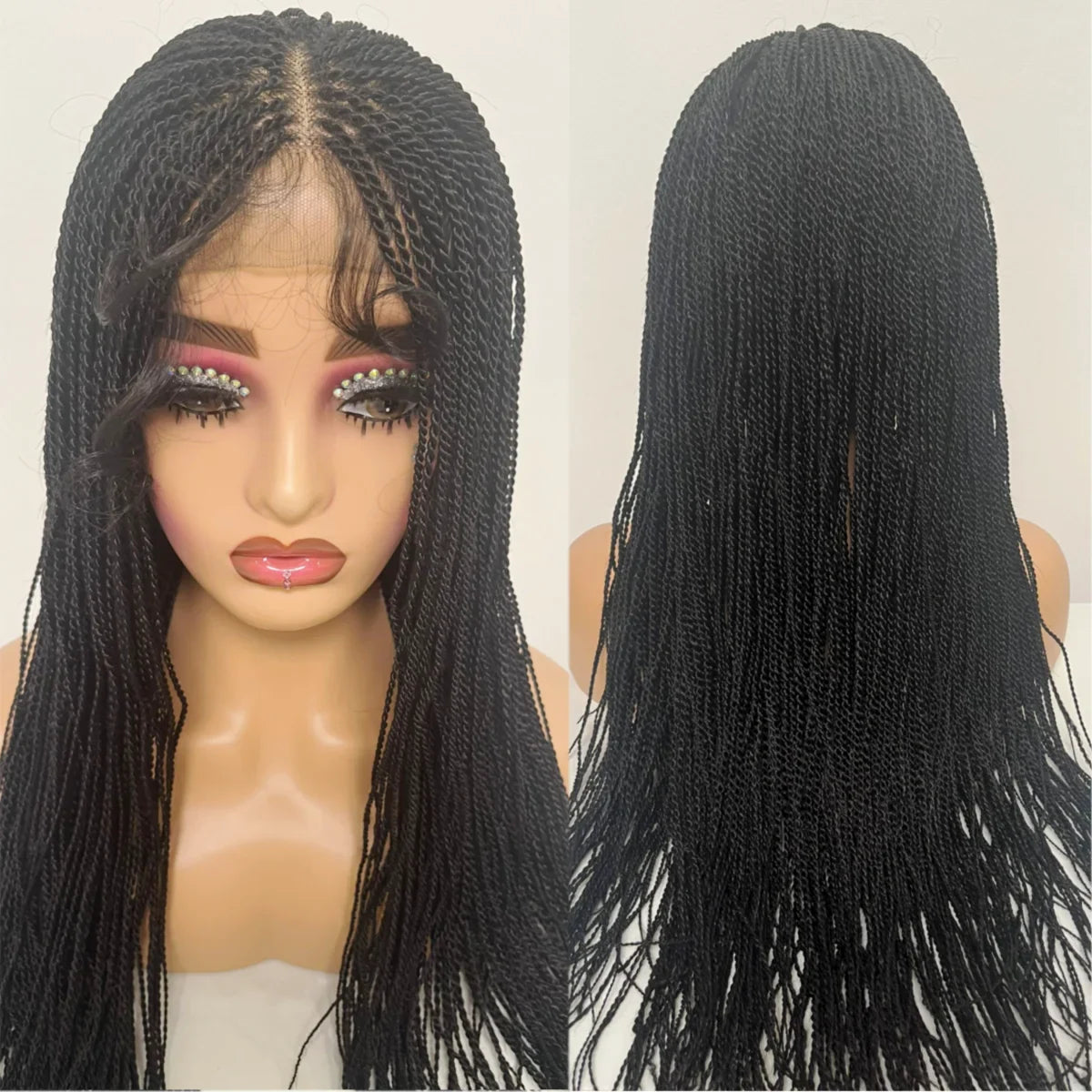 Perruque de tresses micro-torsadées de 28" | Style de tresses sénégalaises | Perruque Lace Front Transparente | Cheveux Kanekalon