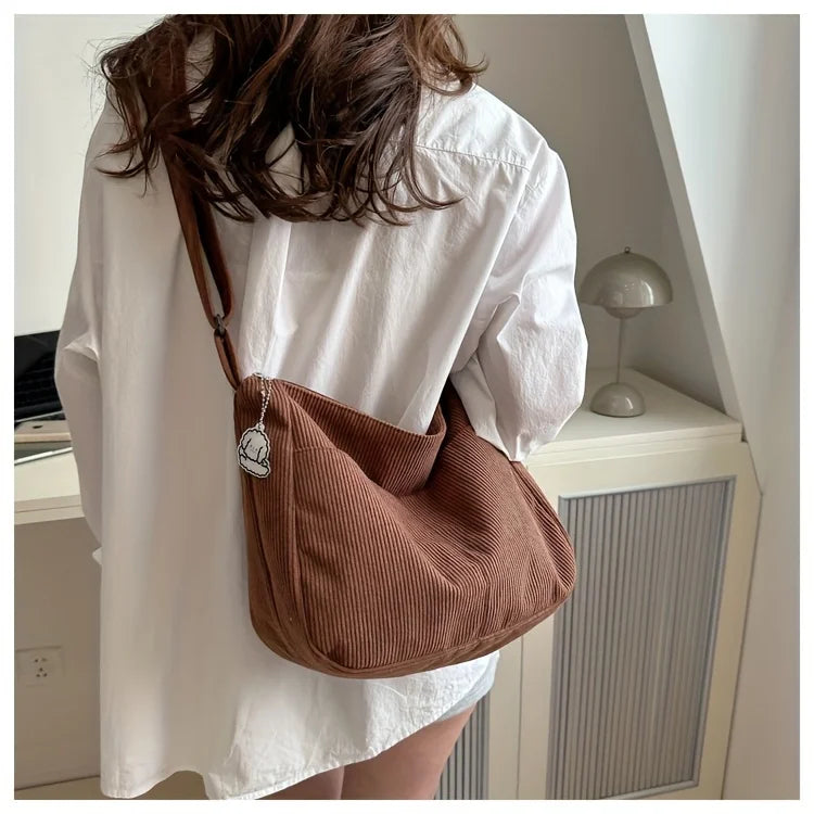 Sac à bandoulière en velours côtelé pour femme | Grand cabas décontracté rayé avec fermeture éclair (écusson chapeau mignon, usage quotidien)