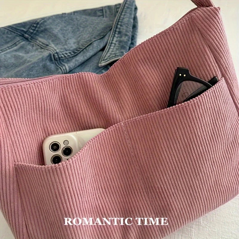 Sac à bandoulière en velours côtelé pour femme | Grand cabas décontracté rayé avec fermeture éclair (écusson chapeau mignon, usage quotidien)