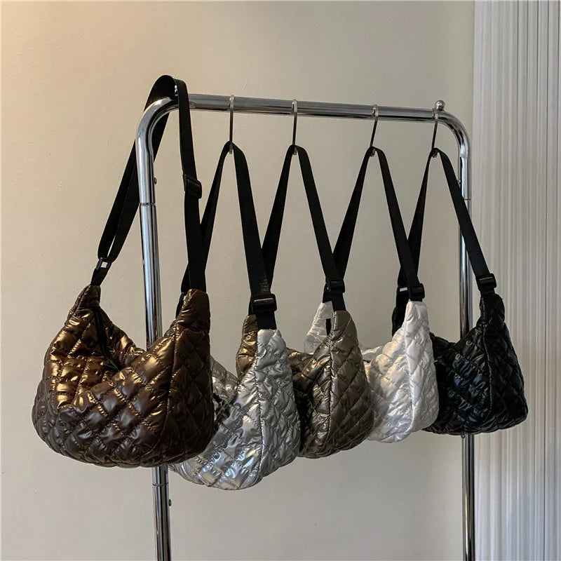 Sacs à main matelassés en nylon tendance pour femme | Sacs à poignée supérieure grande capacité et sacs bandoulière couleur unie (sacs à bandoulière d'hiver pour femme)
