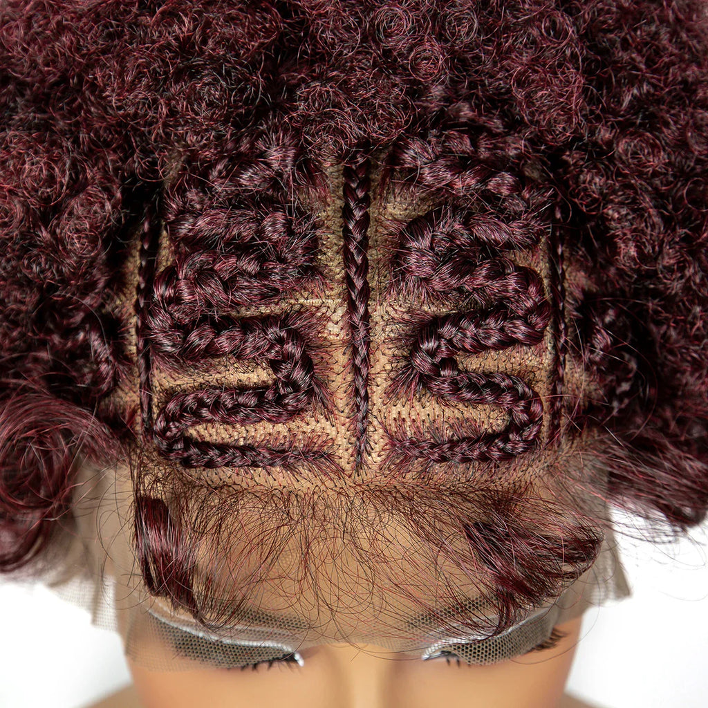 Perruque bob tressée afro bouclée bordeaux | Dentelle 13x6 | Cheveux de bébé | Boucles rebondissantes