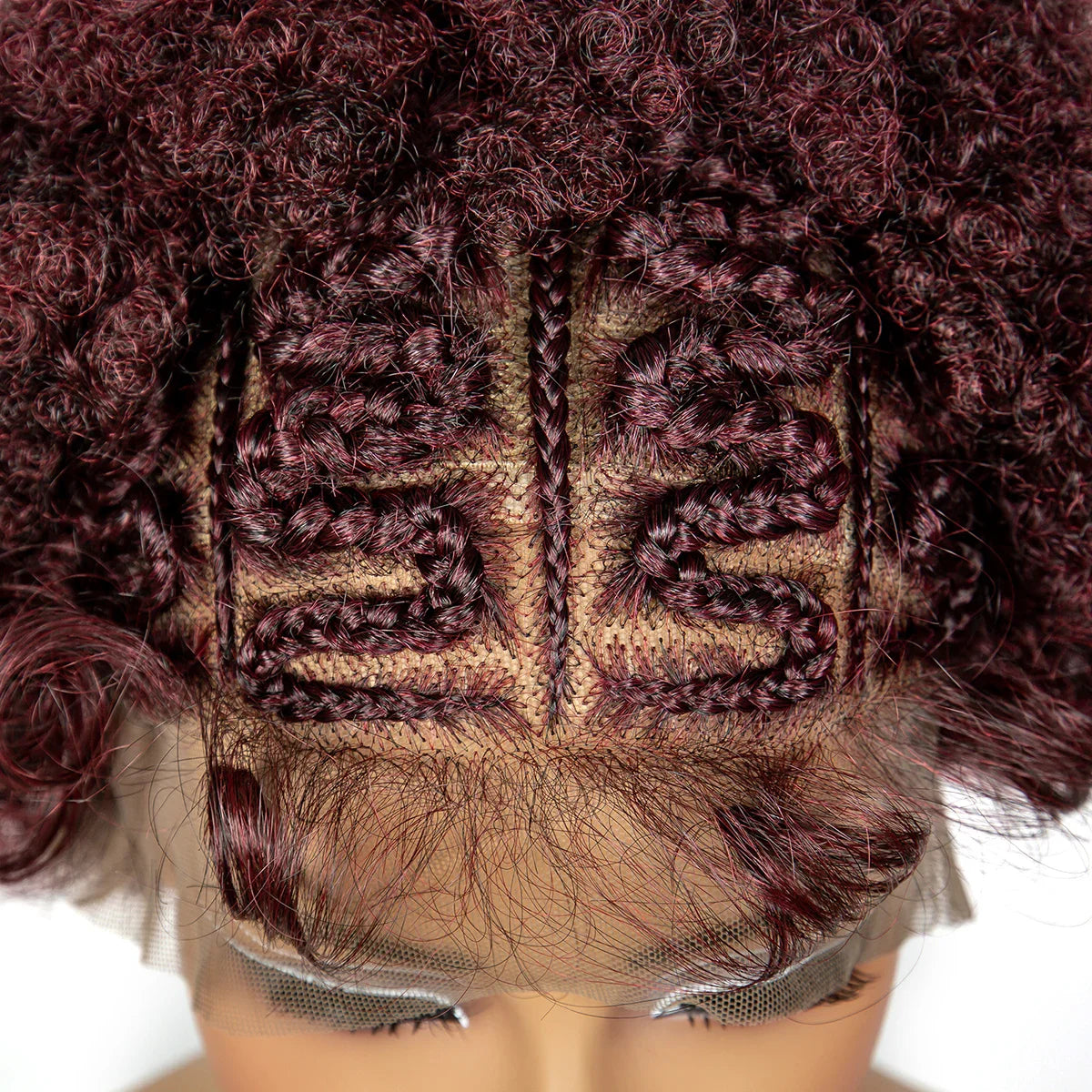 Perruque bob tressée afro bouclée bordeaux | Dentelle 13x6 | Cheveux de bébé | Boucles rebondissantes