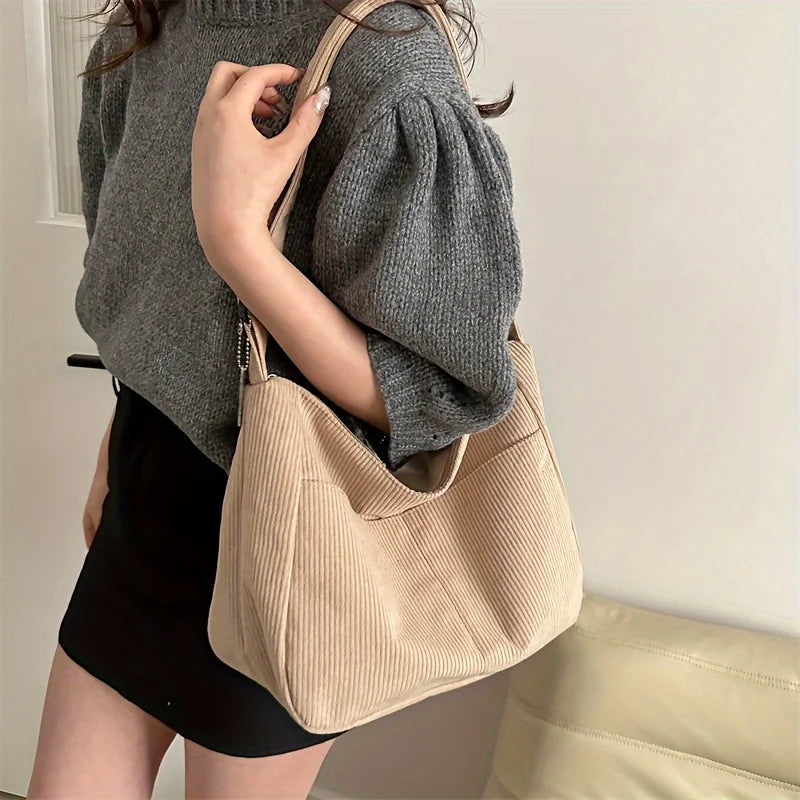 Sac à bandoulière en velours côtelé pour femme | Grand cabas décontracté rayé avec fermeture éclair (écusson chapeau mignon, usage quotidien)