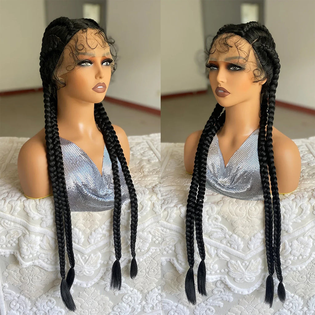 Perruque avant en dentelle torsadée sénégalaise de 32 pouces | 4 tresses collées | Avec des cheveux de bébé | Tresses synthétiques au crochet