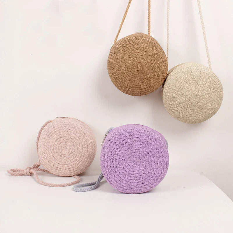 Sac bandoulière tissé en paille pour femme | Petit sac à main de plage rond en rotin fait main (sac à bandoulière pour femme)