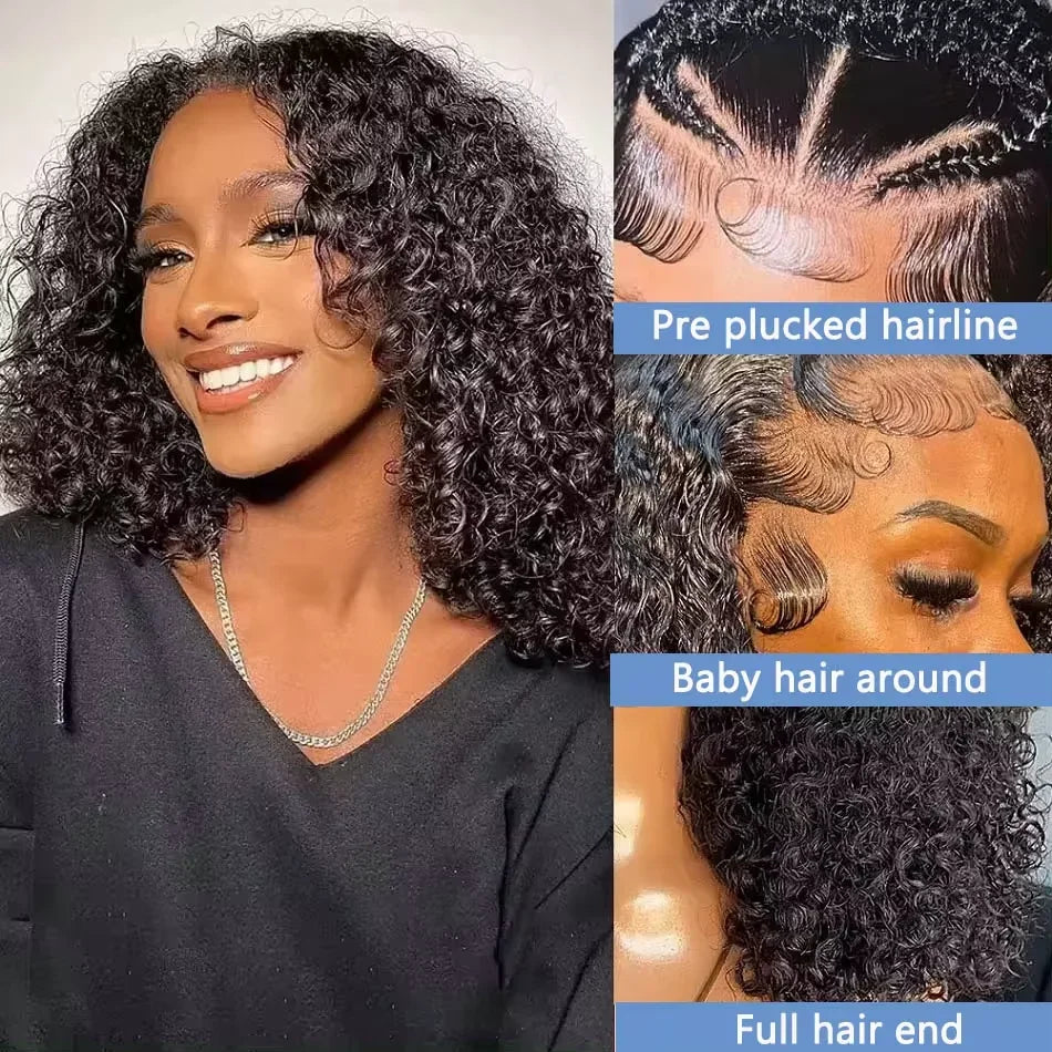 Perruque courte type bob à ondulations profondes 100 % cheveux humains | Perruque Lace Front transparente 13x4 Remy Vietnamienne de 14 pouces et de densité 200