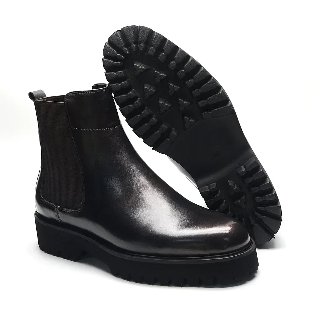 Bottes Chelsea montantes style britannique pour hommes | Luxe classique en cuir véritable (rehaussantes, bande élastique)