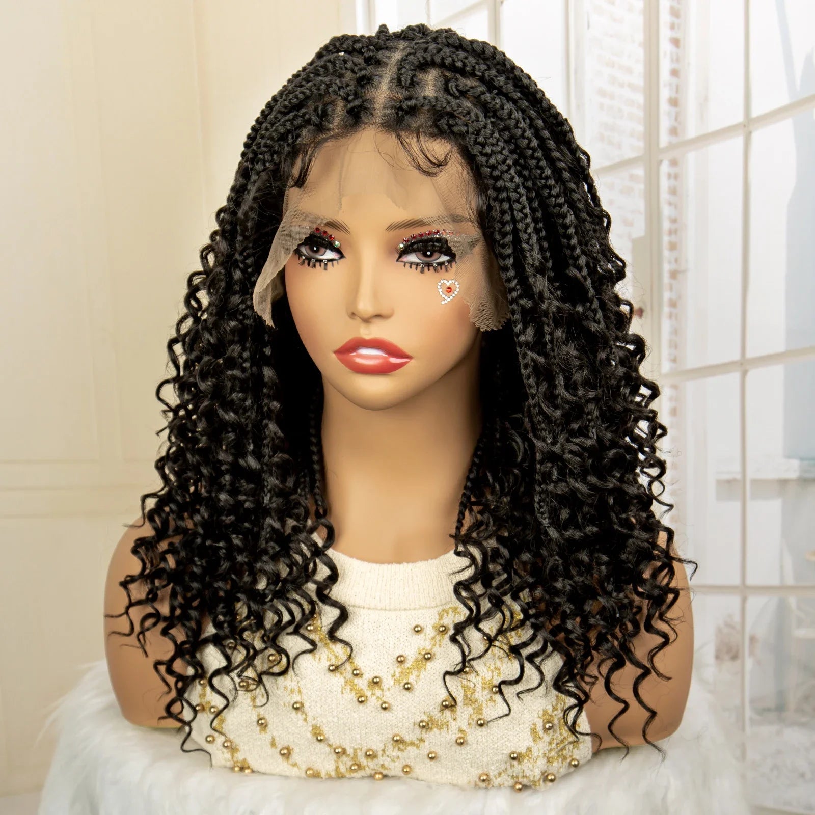 Perruque de tresses carrées bordeaux 14" | Entièrement lacée | Fibre Kanekalon | Tresses bohèmes | Pour femmes