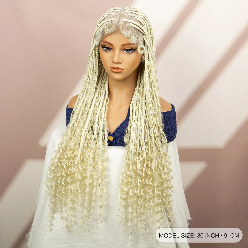 Perruque tressée boîte bohème avec cheveux bouclés | Accents dreadlocks style déesse | Perruque tressée marron en dentelle intégrale | Perruque tressée boîte bohème