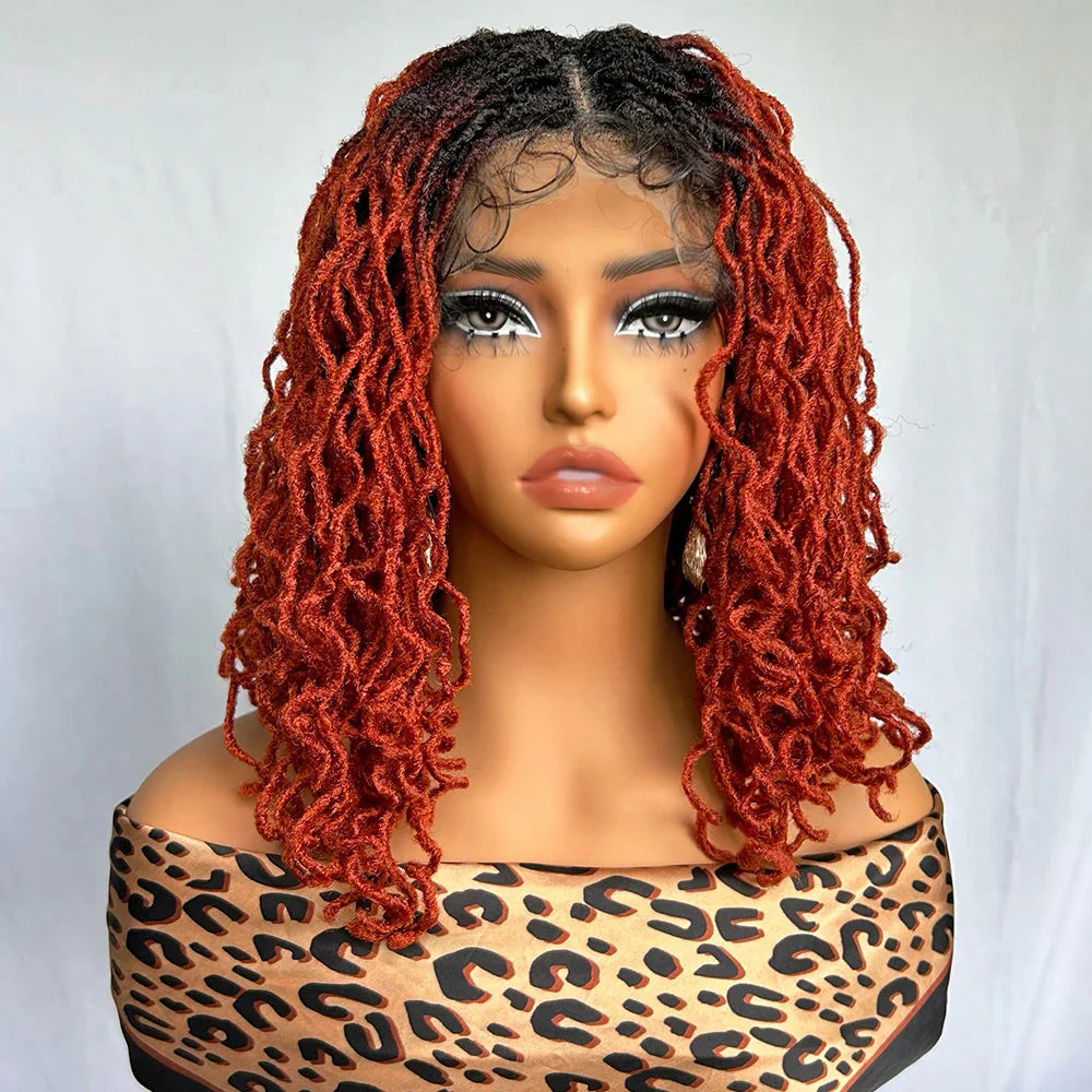 Perruque avant en dentelle rousse cuivrée de 14" | Fausses locs | Dreadlocks courtes tressées | Perruque tressée synthétique
