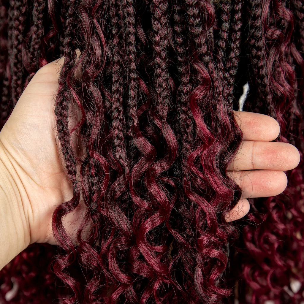 Perruque de tresses carrées bordeaux 14" | Entièrement lacée | Fibre Kanekalon | Tresses bohèmes | Pour femmes