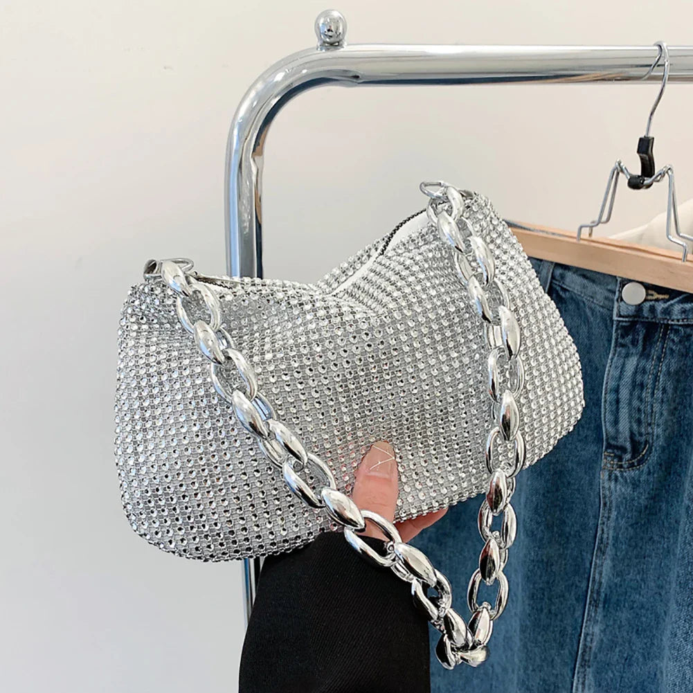 Pochette de Soirée Bling Strass | Sac à Main Coréen de Designer avec Chaîne en Diamants pour Dîner et Fêtes (Sac Carré Fourre-Tout Femme à Bandoulière)