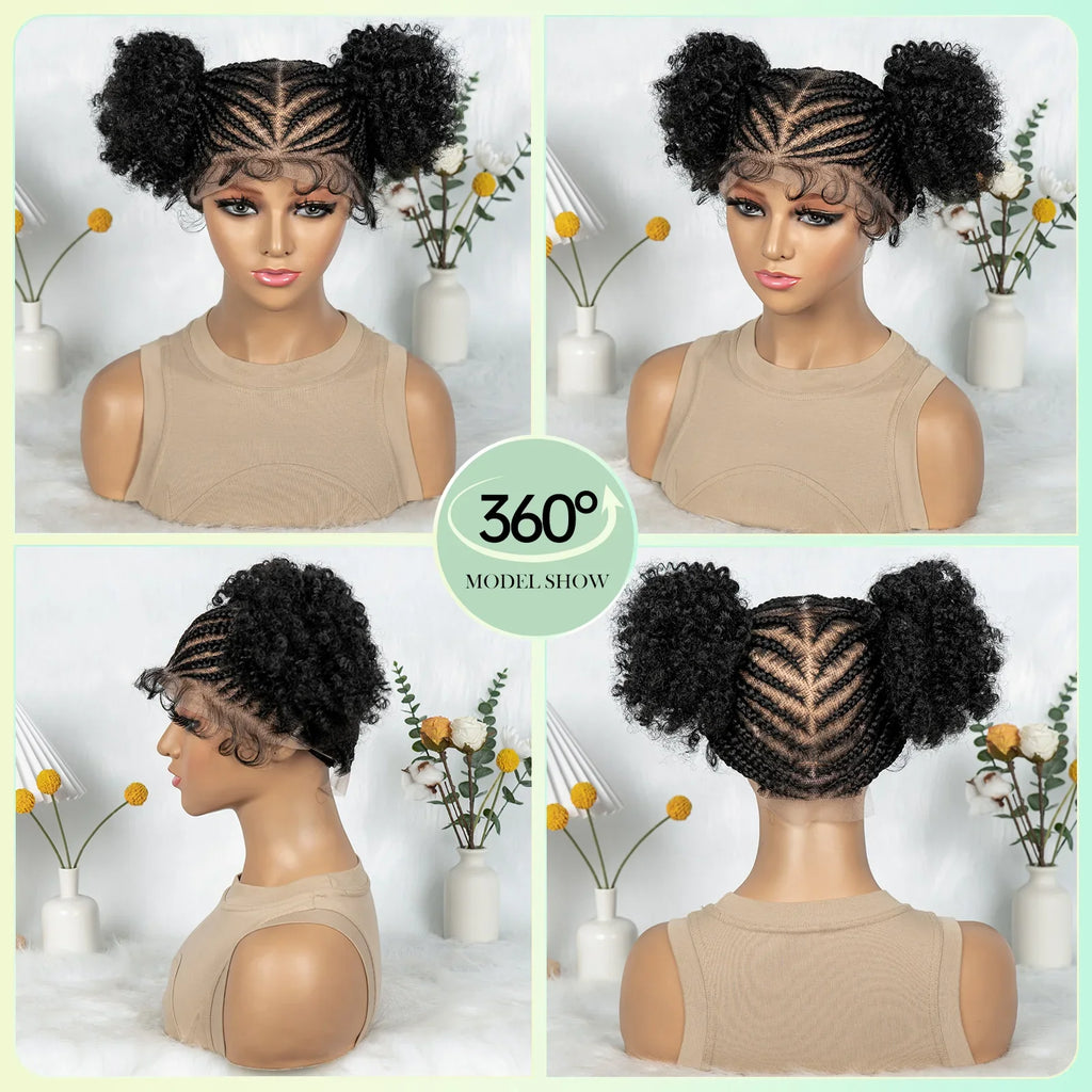 Perruque tressée HD en dentelle complète Cornrow et Box Braids avec deux chignons | Cheveux synthétiques en dentelle transparente pour femmes et filles noires