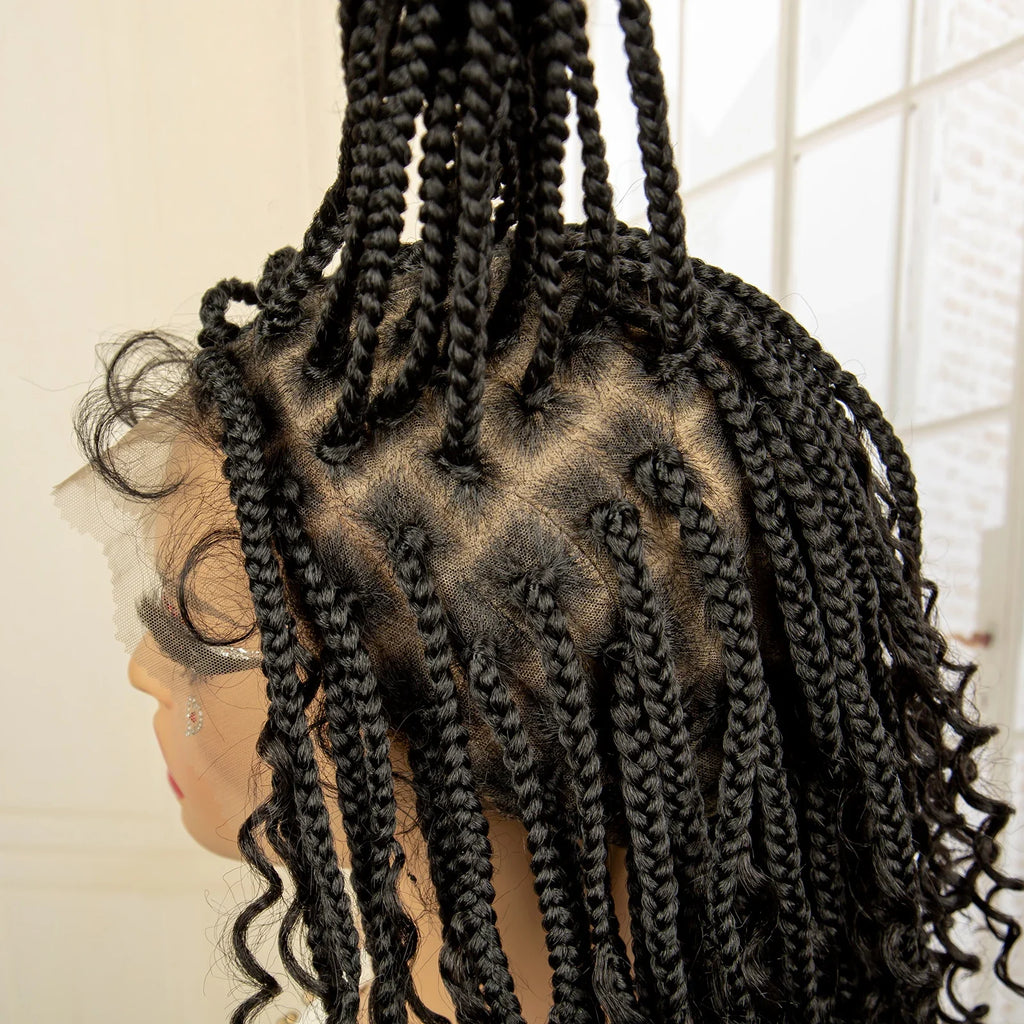 Perruque de tresses carrées bordeaux 14" | Entièrement lacée | Fibre Kanekalon | Tresses bohèmes | Pour femmes
