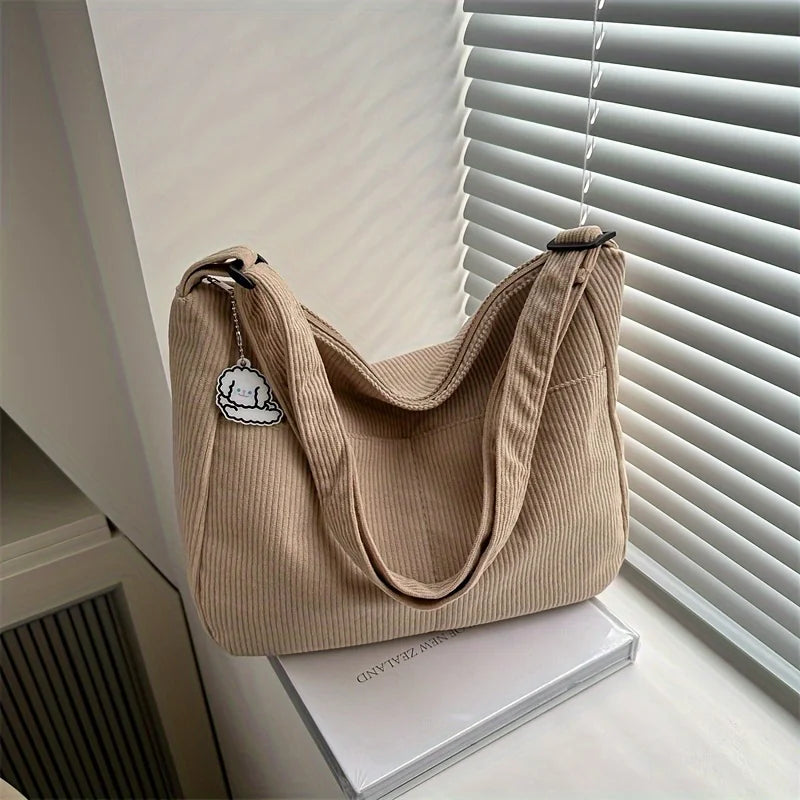 Sac à bandoulière en velours côtelé pour femme | Grand cabas décontracté rayé avec fermeture éclair (écusson chapeau mignon, usage quotidien)