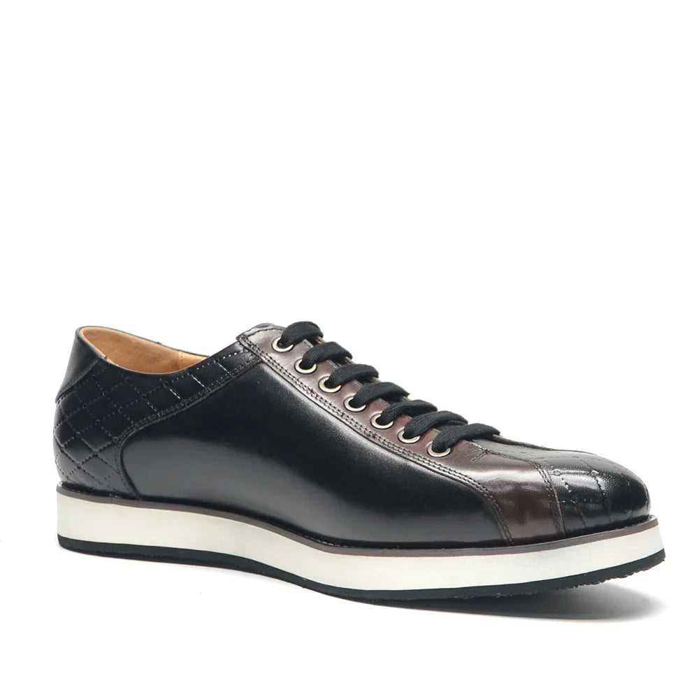 Europe 2024 Automne Hommes Luxe Cuir Véritable Plaid Chaussures Décontractées | Baskets Business Noir & Marron Foncé (Augmentation de la Hauteur)