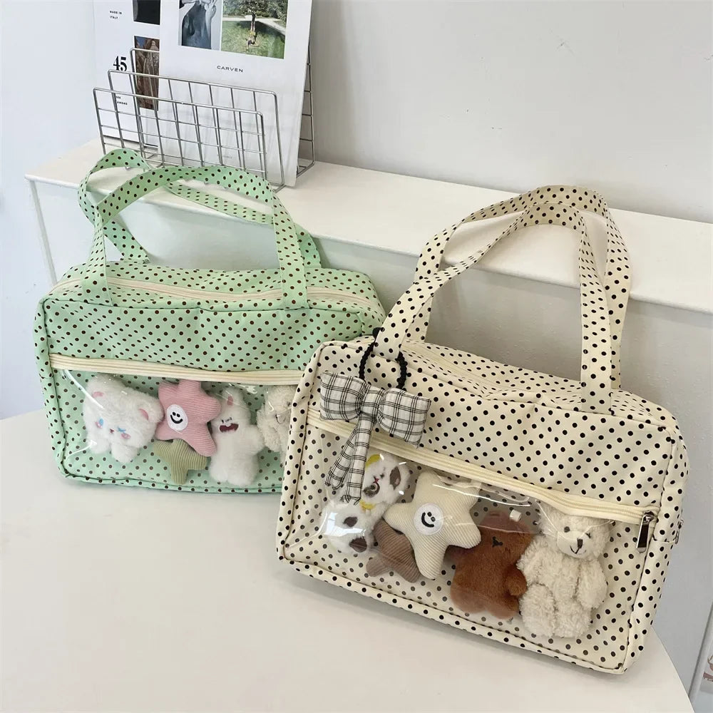 Sac Ita Y2K Ulzzang pour femmes | Sac à bandoulière et fourre-tout sous le bras en toile à pois tendance (Poche transparente, Mode jeune)