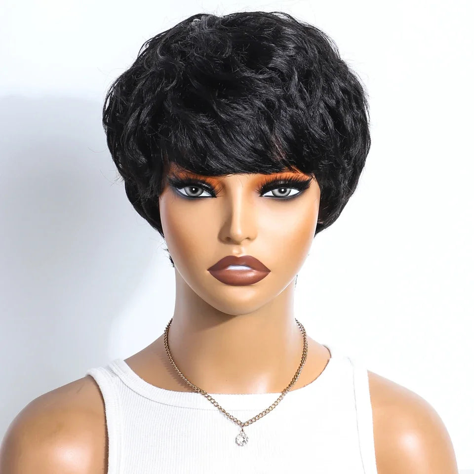 Perruque pixie marron mixte Rebecca | Cheveux humains brésiliens bouclés avec raie latérale