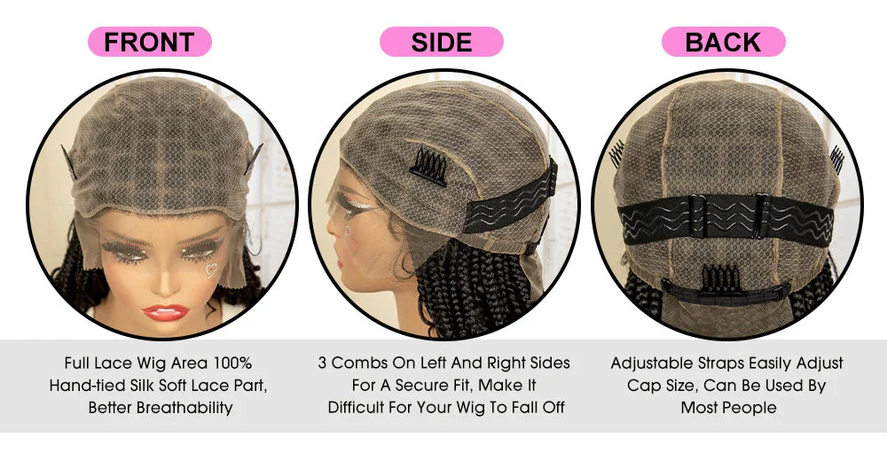 Perruque de tresses carrées bordeaux 14" | Entièrement lacée | Fibre Kanekalon | Tresses bohèmes | Pour femmes