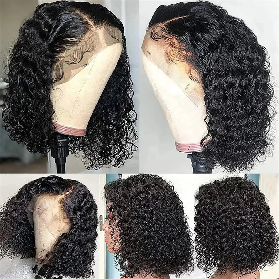 Perruque courte type bob à ondulations profondes 100 % cheveux humains | Perruque Lace Front transparente 13x4 Remy Vietnamienne de 14 pouces et de densité 200