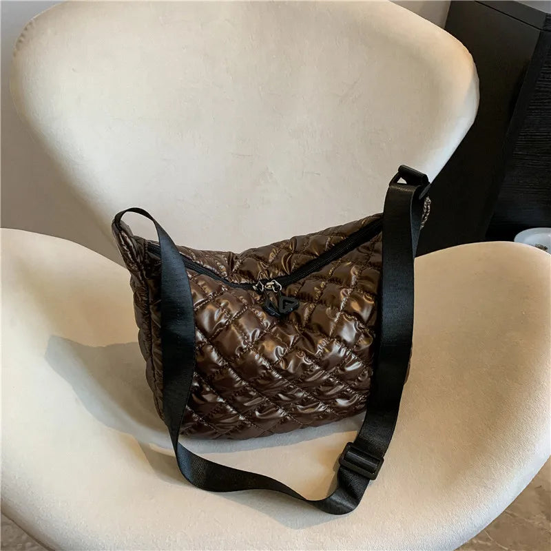 Sacs à main matelassés en nylon tendance pour femme | Sacs à poignée supérieure grande capacité et sacs bandoulière couleur unie (sacs à bandoulière d'hiver pour femme)