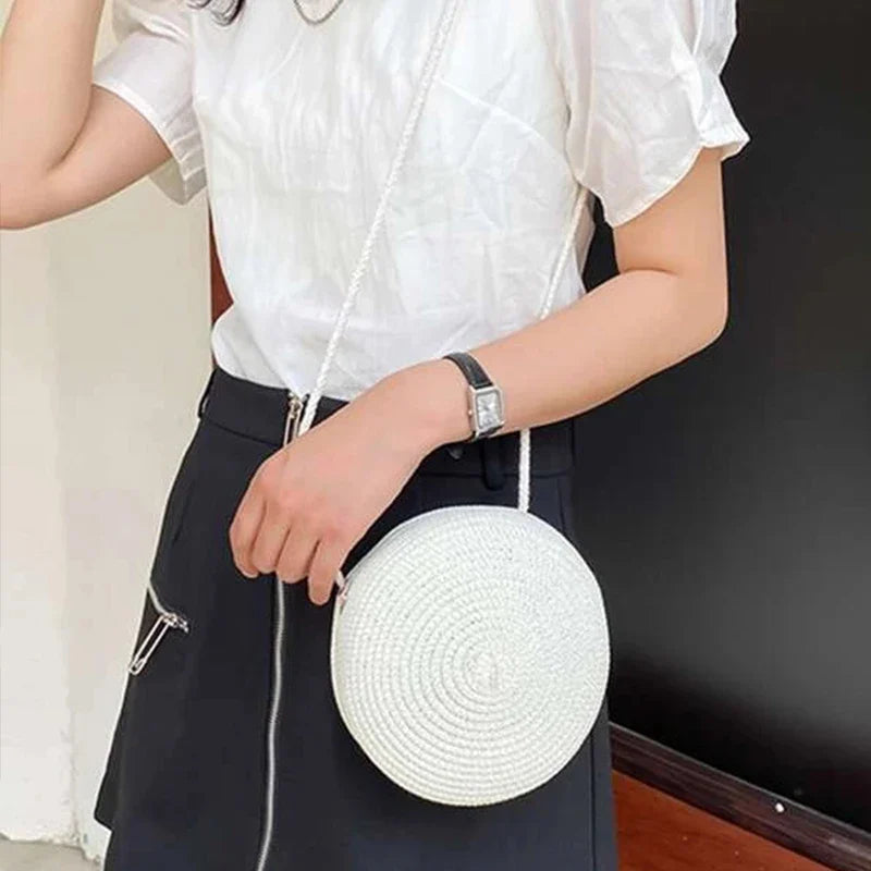 Sac bandoulière tissé en paille pour femme | Petit sac à main de plage rond en rotin fait main (sac à bandoulière pour femme)