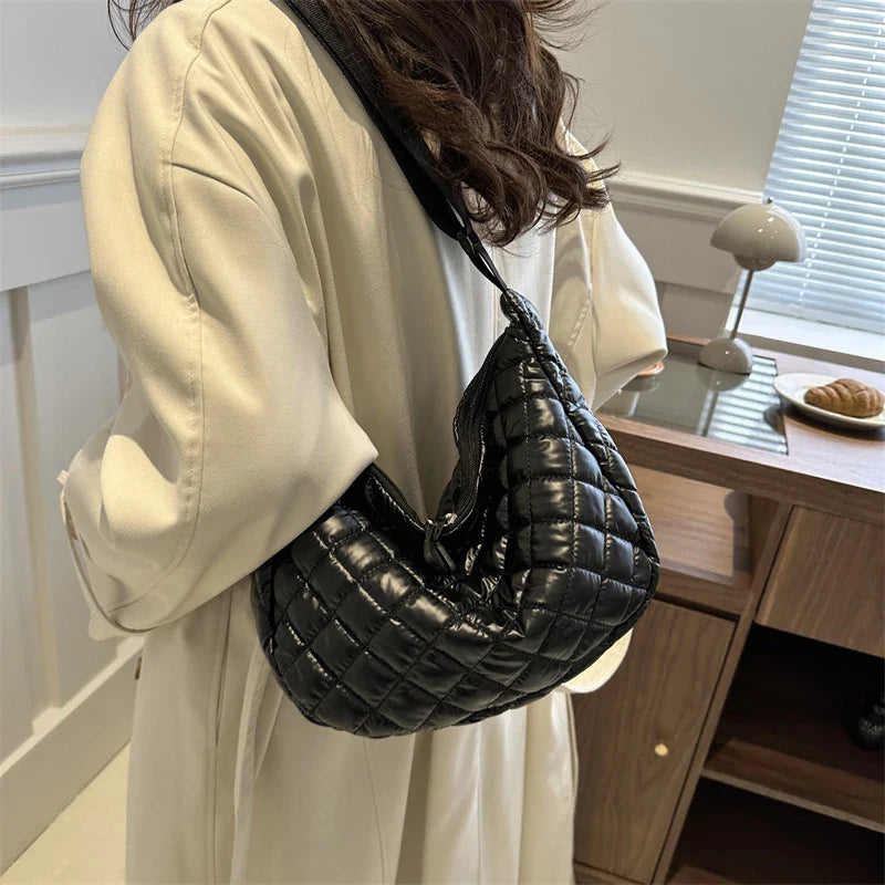 Sacs à main matelassés en nylon tendance pour femme | Sacs à poignée supérieure grande capacité et sacs bandoulière couleur unie (sacs à bandoulière d'hiver pour femme)