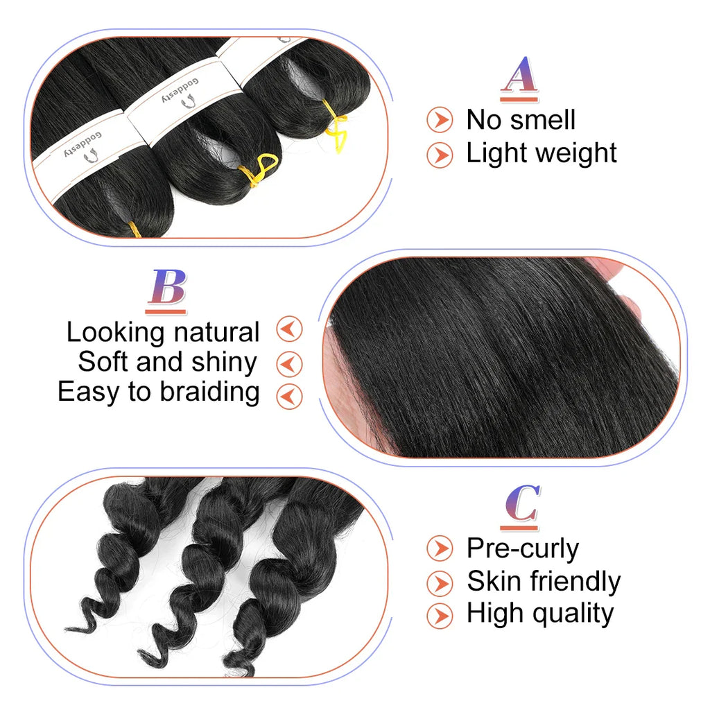 Cheveux à tresser frisés pré-étirés - Tresses au crochet noir naturel (fixation à l'eau chaude)