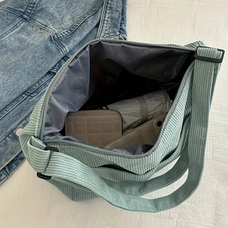 Sac à bandoulière en velours côtelé pour femme | Grand cabas décontracté rayé avec fermeture éclair (écusson chapeau mignon, usage quotidien)