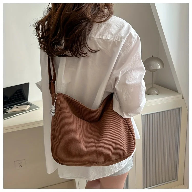 Sac à bandoulière en velours côtelé pour femme | Grand cabas décontracté rayé avec fermeture éclair (écusson chapeau mignon, usage quotidien)