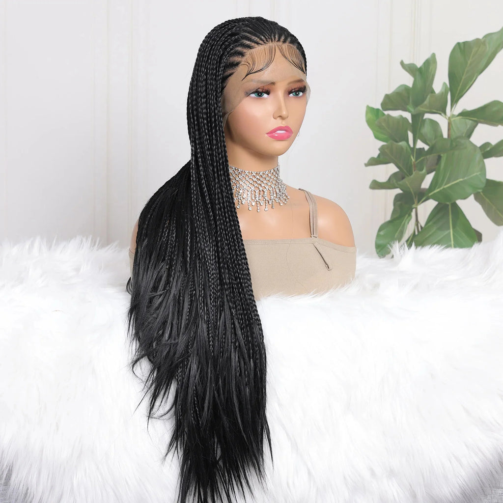 Perrque Tressée Déesse Faux Locs 13x4 | Tresses Boîte Sans Nœuds | Longue Synthétique Lace Front | Nœuds Blanchis